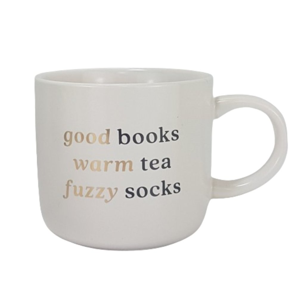 Vintage INDIGO Statement Mug Teacup Good Books Warm Tea Fuzzy Socks Quote White